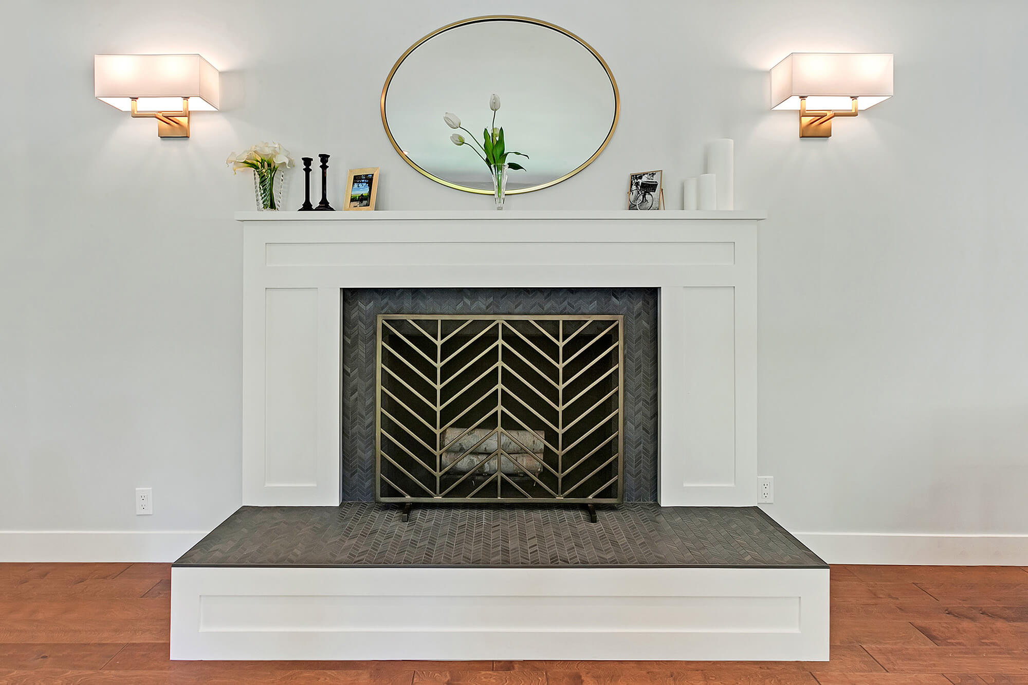 White Fireplace with grey tile, Residential Remodeling
