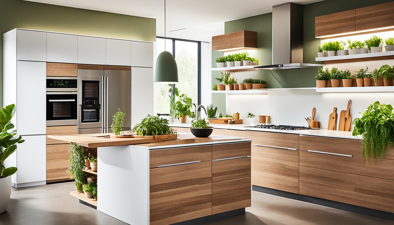 A kitchen with modern, sustainable appliances and materials, featuring natural lighting and plants to promote air purification.