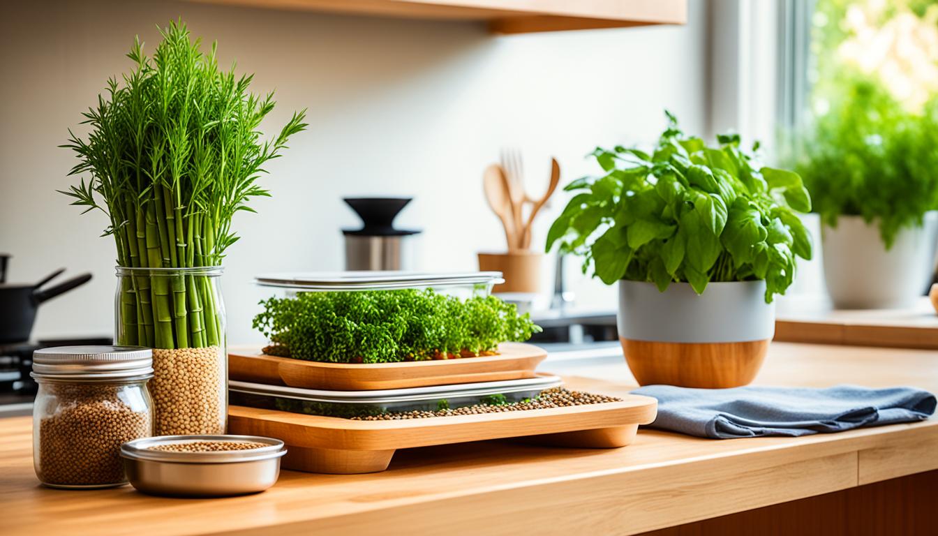 Wooden countertop, surrounded by potted herbs and plants